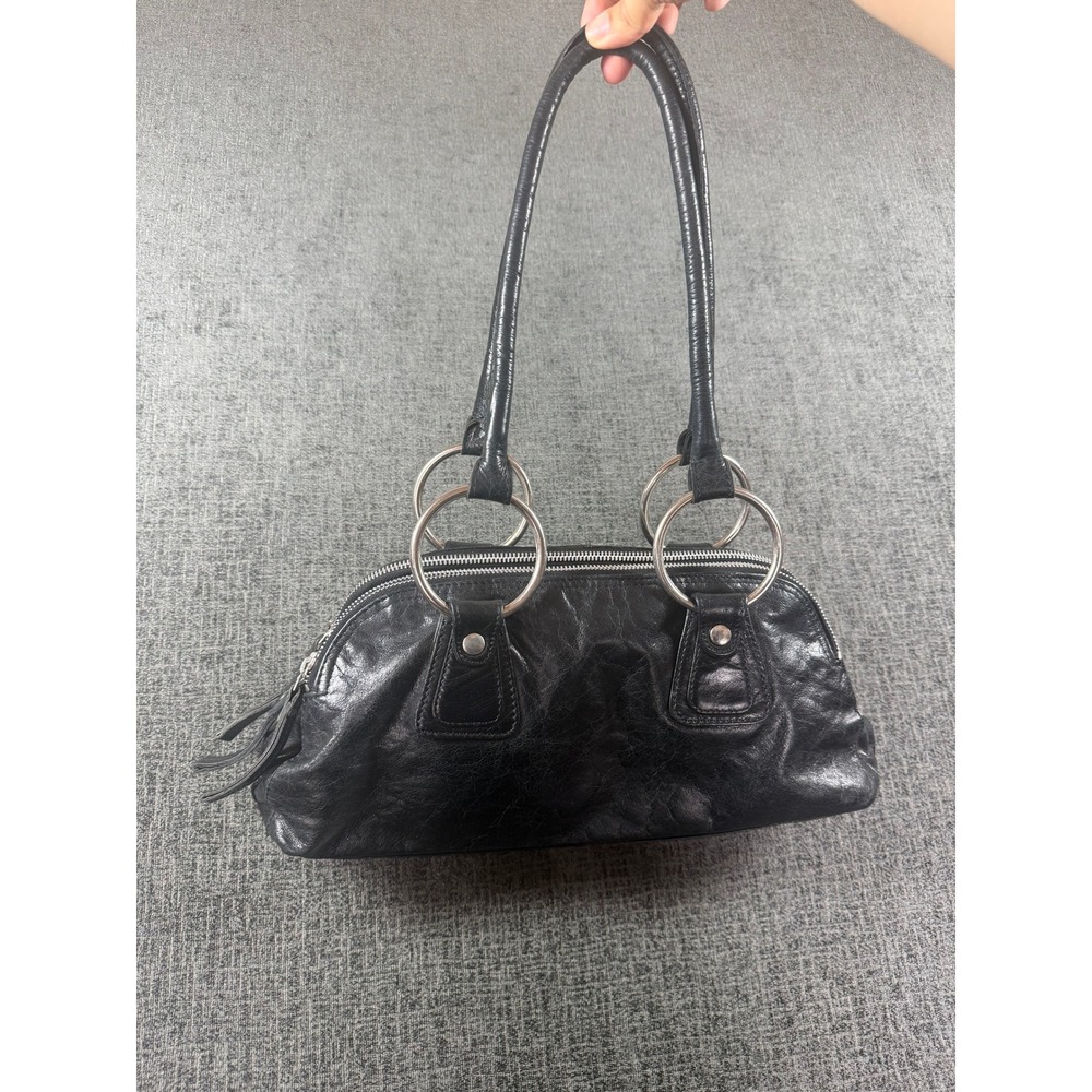 Latico Black Leather Triple Zip Shoulder Bag Silver O-Ring Hardware Handbag